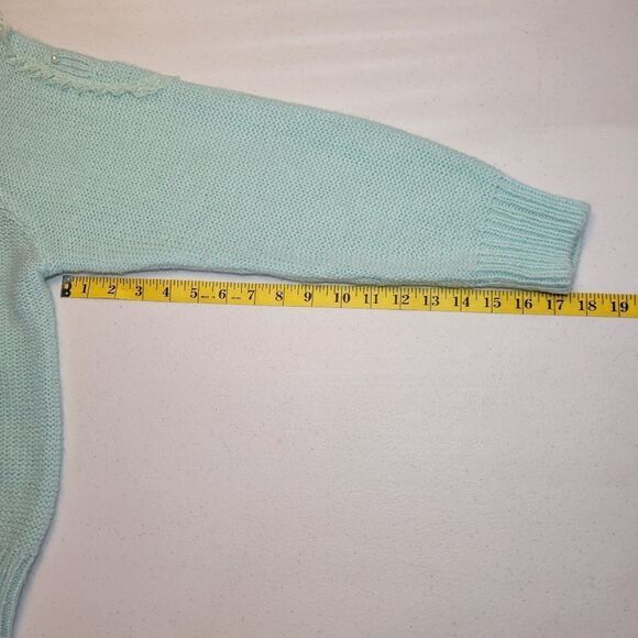 Debra Martin Vintage Women's Mint Blue Knit Sweater Lace Pearl Embellished - Picture 11 of 11